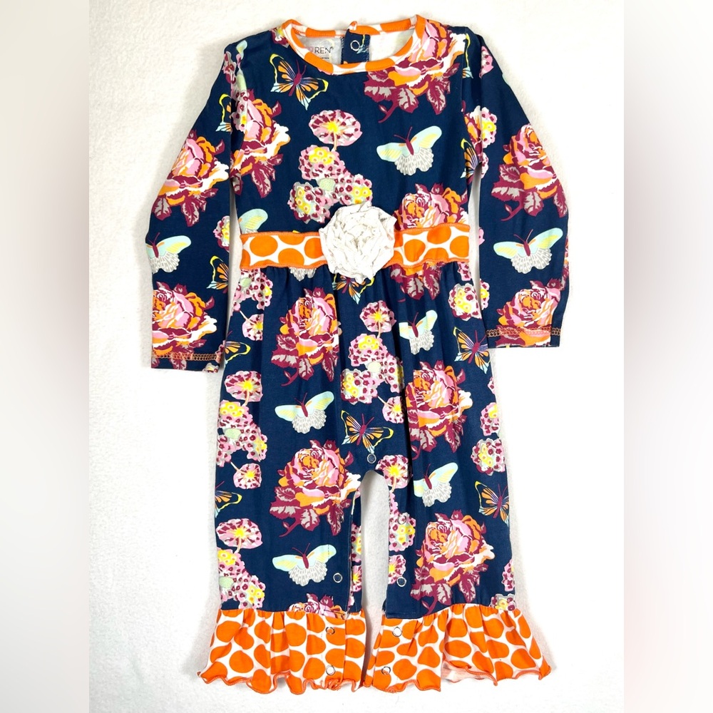 ANNLOREN Toddler Girls Blue‎ Butterfly Floral Dot Romper 18-24m Ruffle Boutique
